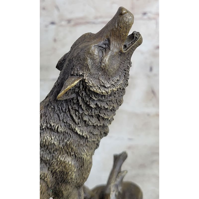 Signed Original Art Howling Imitative Wolf To The Moon Bronze Sculpture Marble Base Statue