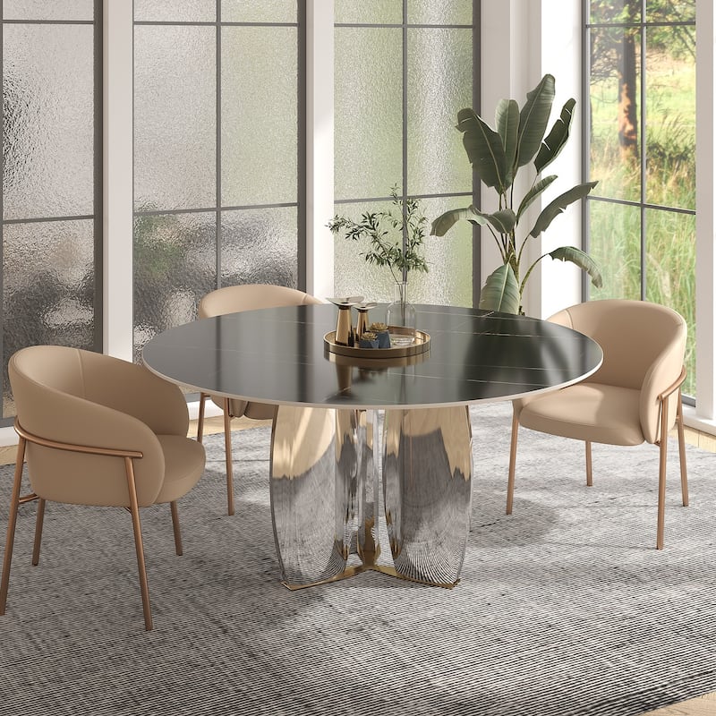 Modern Round Rock Slabs Stainless Steel Mirror Pedestal Dining Table