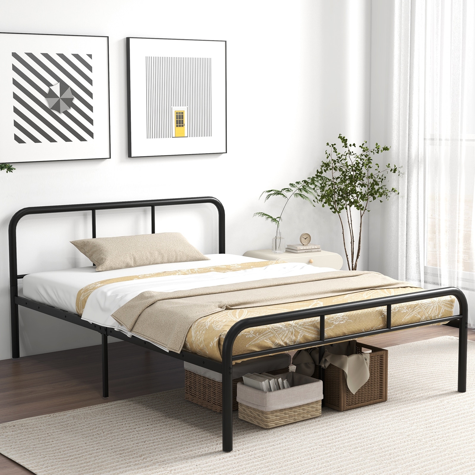 Full Bed Frame with Headboard and Footboard No Box Spring Needed Black
