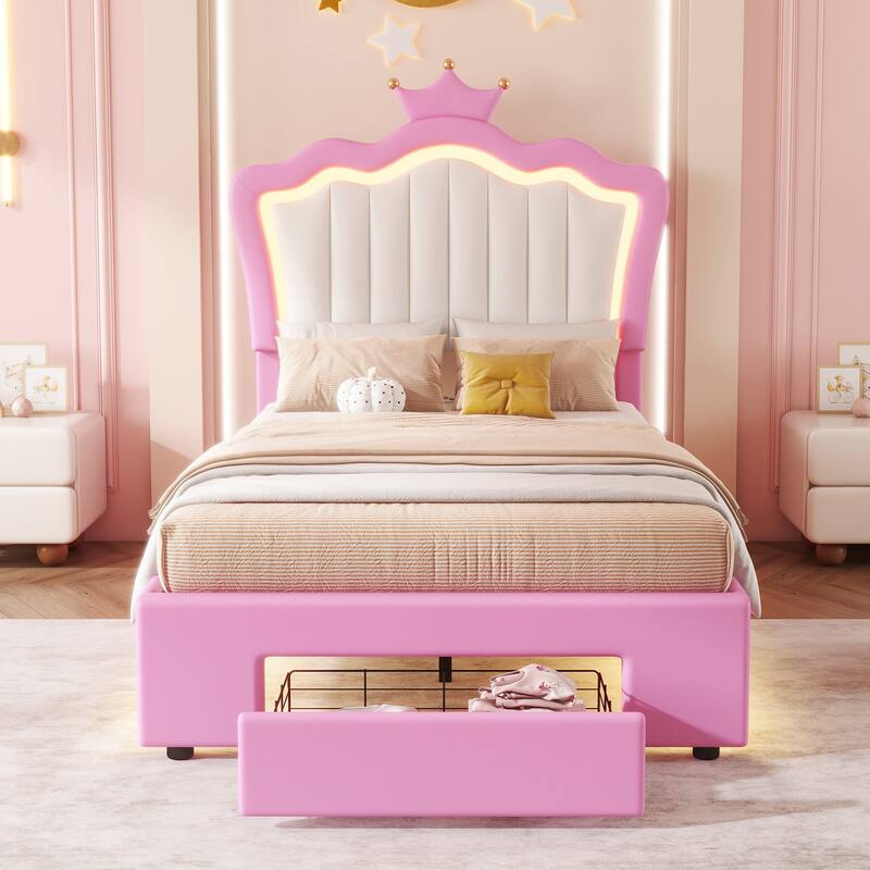 Twin Size Upholstered Bed Frame with LED Lights, Crown Headboard, and Drawer in Pink and White