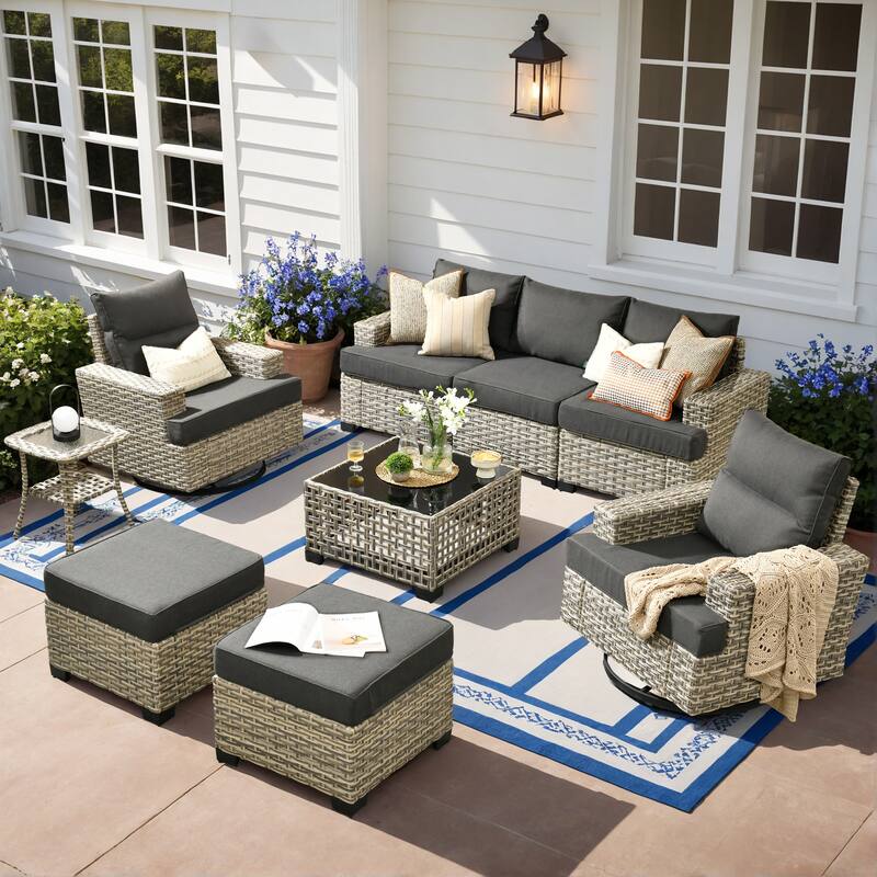 XIZZI 9-piece Outdoor Patio Wicker Furniture Swivel Chair Set - Black