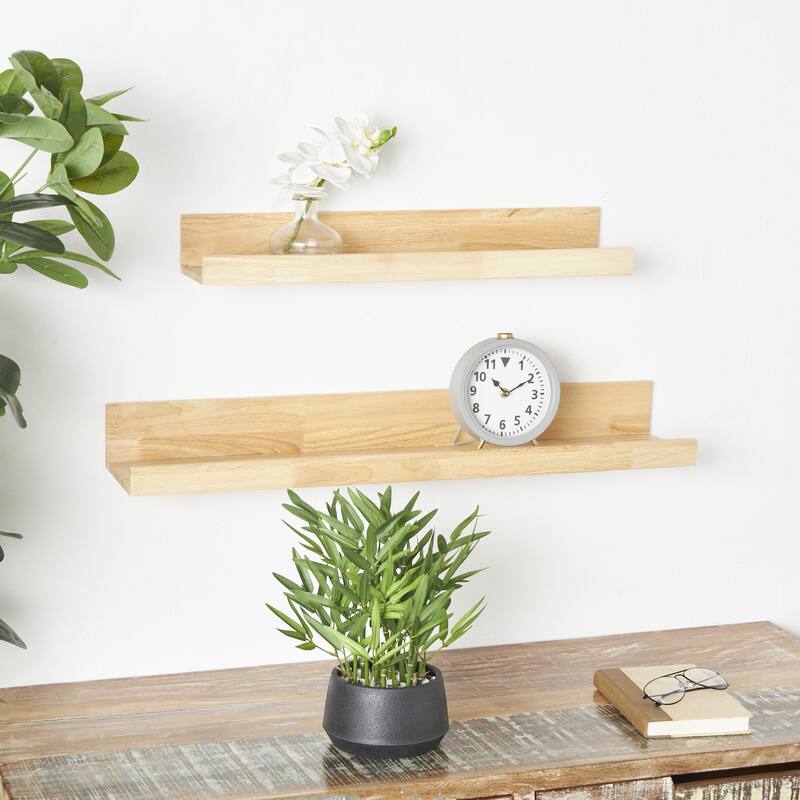 Light Brown Wood 2 Shelves Room Wall Shelf with Lip (Set of 2) - Light Brown