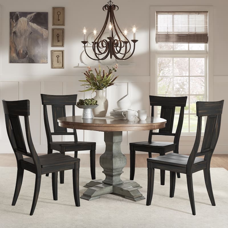 Eleanor Sage Green Round Solid Wood Top Panel Back 5-piece Dining Set by iNSPIRE Q Classic - Antique Sage Green Table - Antique Black Chairs