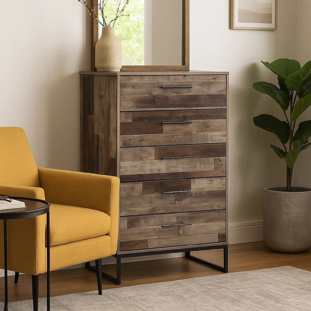 Vyne 51 Inch Tall Dresser 5 Drawers Chest, Gray Woodblock, Black Metal Base