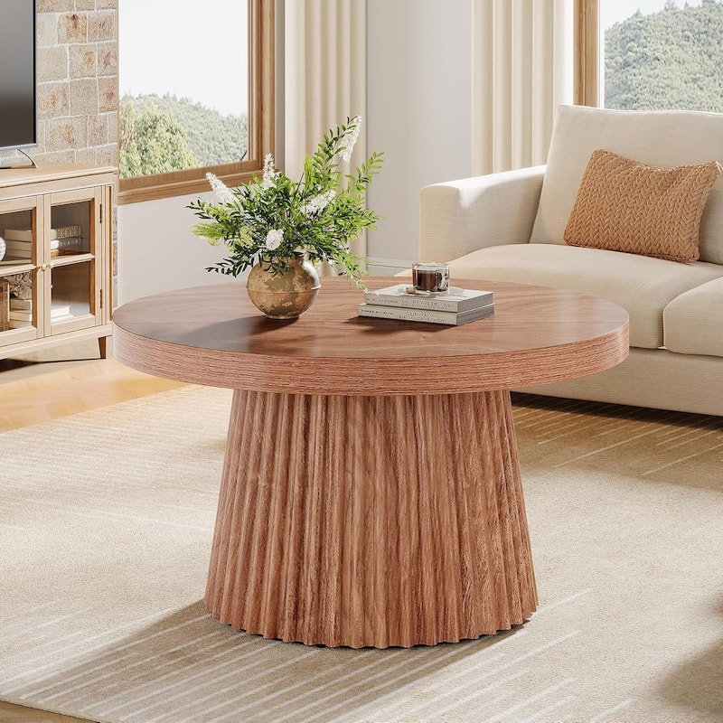 31.5" Round Modern Coffee Table Center Table with Fluted Drum Base - 31.5"W x 31.5"D x 17.7"H