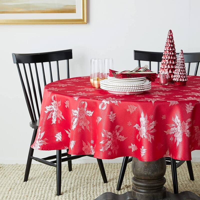 Violet Linen Sparkling Christmas Holly Bows Damask Pattern Tablecloths