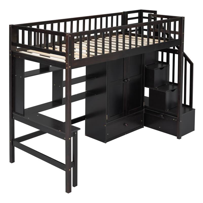 Twin Loft Bed with Bookshelf, Drawers, Desk, and Wardrobe in Espresso