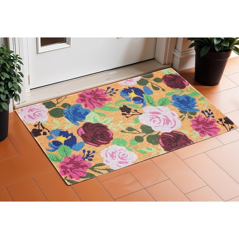 HomeRoots 17" X 29" Natural Pink And Blue Floral Outdoor Coir Door Mat - 17' X '29 - 17' X '29
