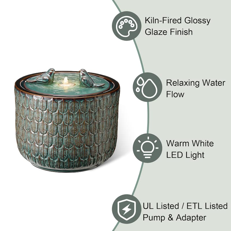 Glitzhome 15"H LED Ceramic Birdbath Outdoor Fountain with Two Birds & Leaf Pattern
