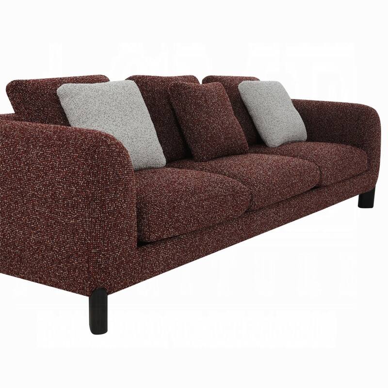 Meru Sofa w 3 Accent Pillows, Maroon Wine Red Tweed Fabric, 109 Inch
