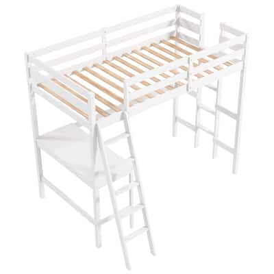 Costway Twin Size Loft Bed w/ Desk & Shelf 2 Ladders & Guard Rail for
