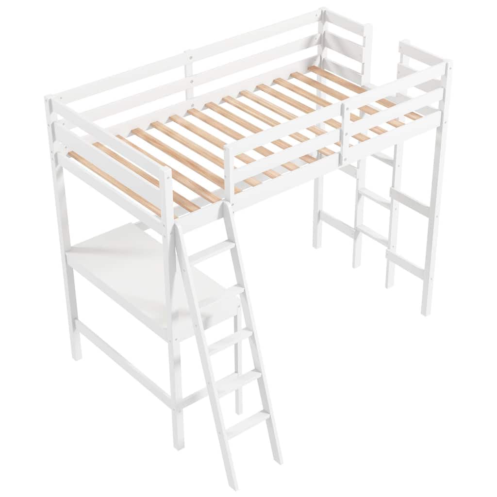 Costway Twin Size Loft Bed w/ Desk & Shelf 2 Ladders & Guard Rail for