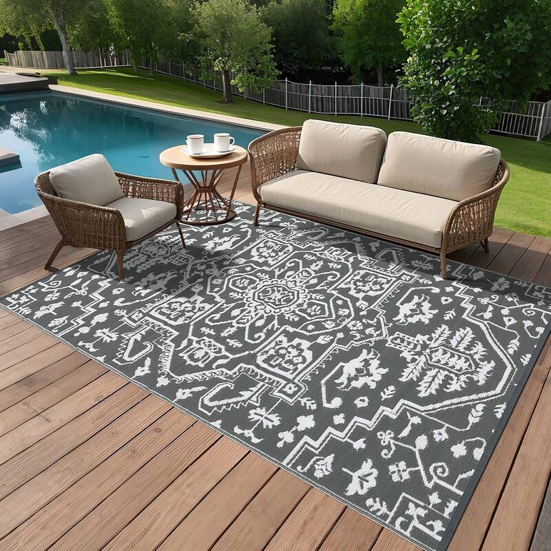 Outdoor Rug Reversible Plastic Straw Rug Outside Outdoor Waterproof Area Rug for Patio Deck Balcony Backyard Beach - 9'x18' - Gray White