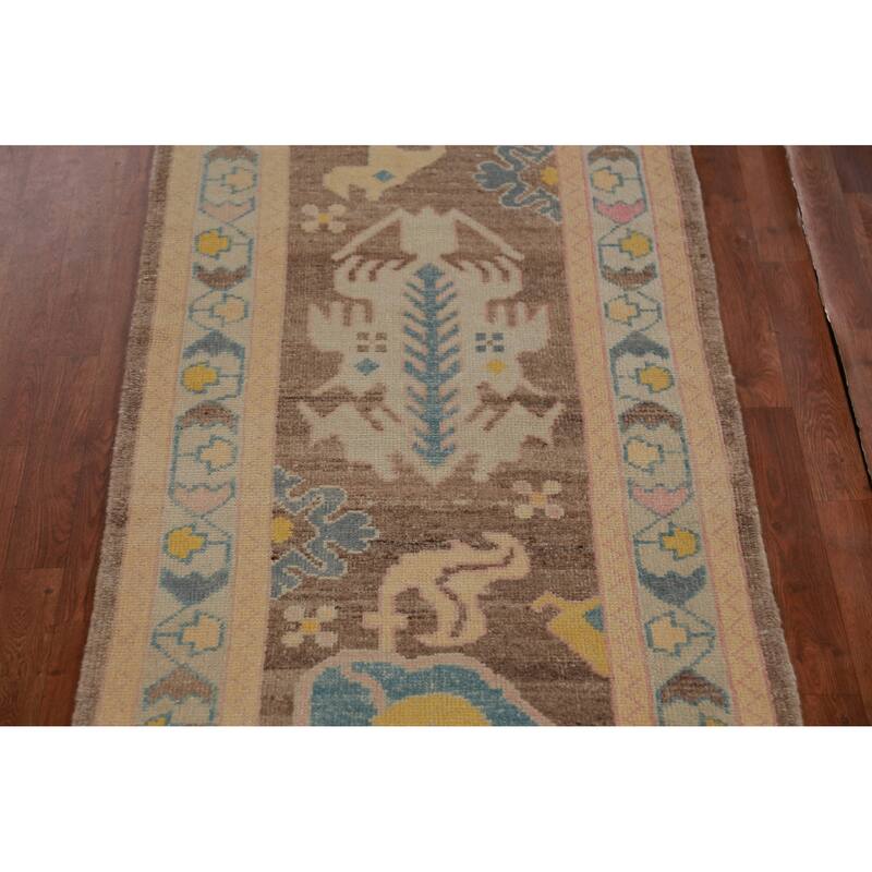 Hand Knotted Oriental 100% Wool Carpet Transitional Geometric Brown Oushak Runner Rug - 12' 3'' X 3' 2''