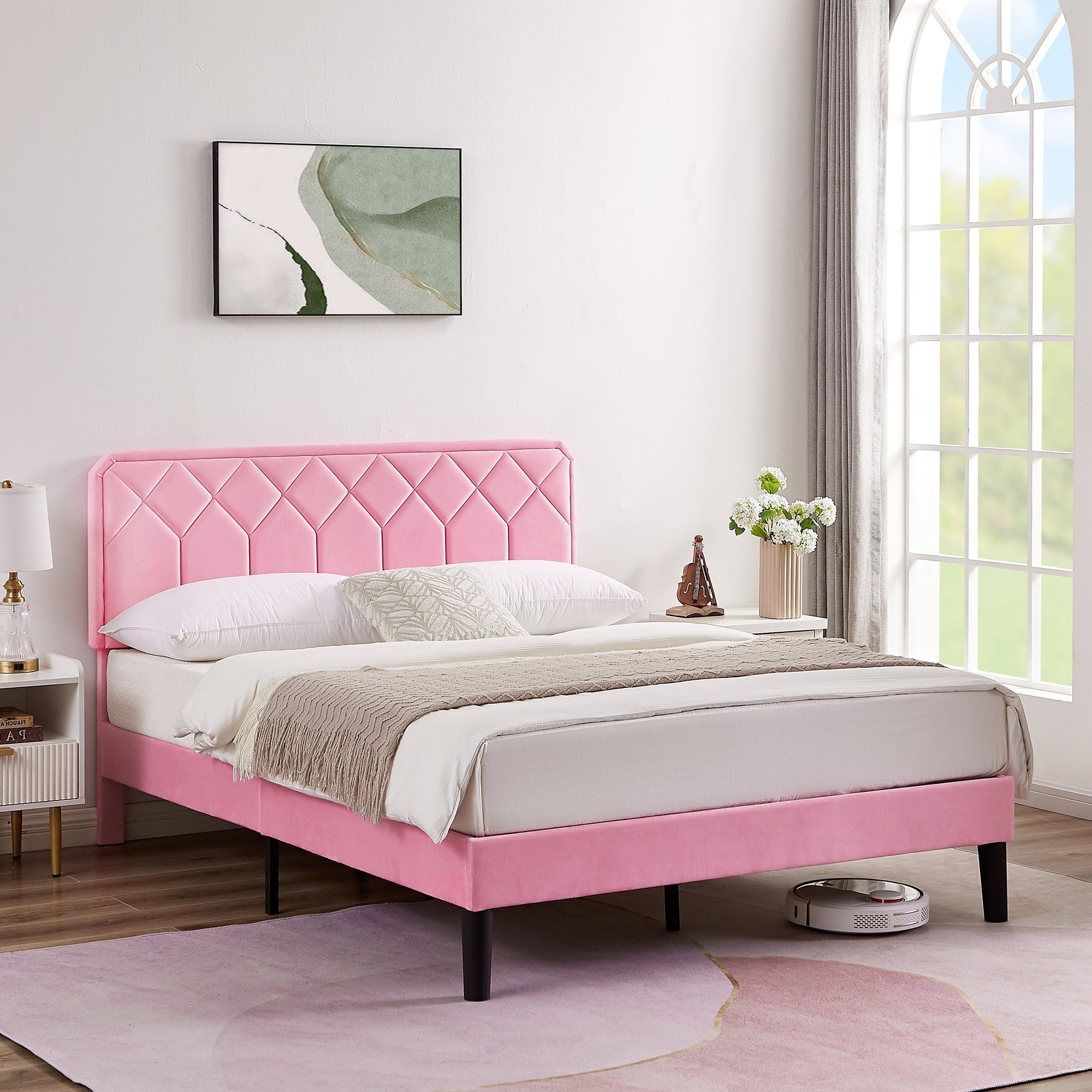 VECELO Upholstered Platform Bed Frame with Adjustable Headboard
