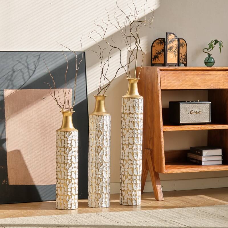 Set of 3 White & Gold Leaf Metal Floor Vases - Graduated Heights for Modern Home Decor