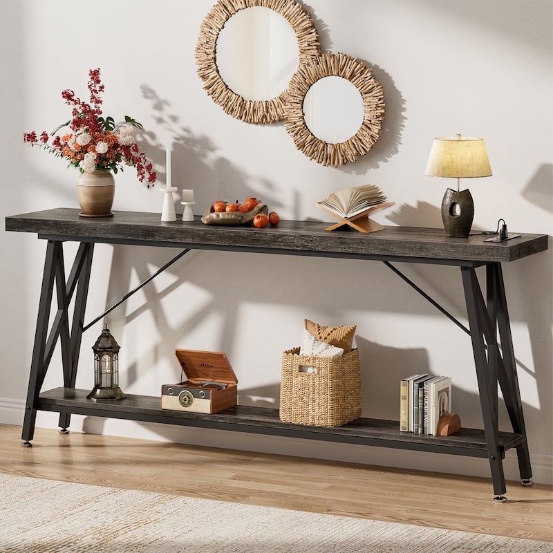 70.9'' Extra Long Console Table Sofa Table with Charging Station and Storage Shelf,Industrial Hallway Entry Table