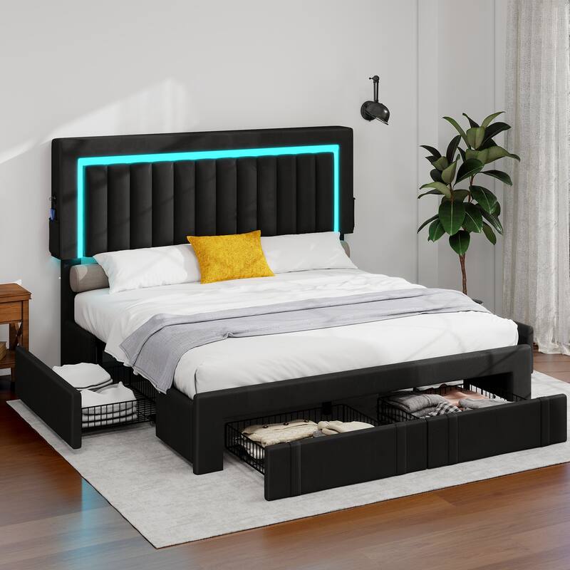 Moasis Velvet Upholstered Platform Bed, Bed Frame with Adjustable Headboard and 4 Storage Drawers - Black - Queen