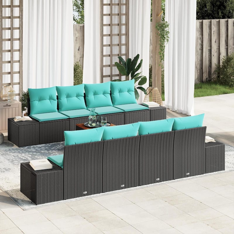vidaXL 9 Piece Garden Sofa Set with Cushions Black Poly Rattan Acacia - 115.7×24.4×27.2