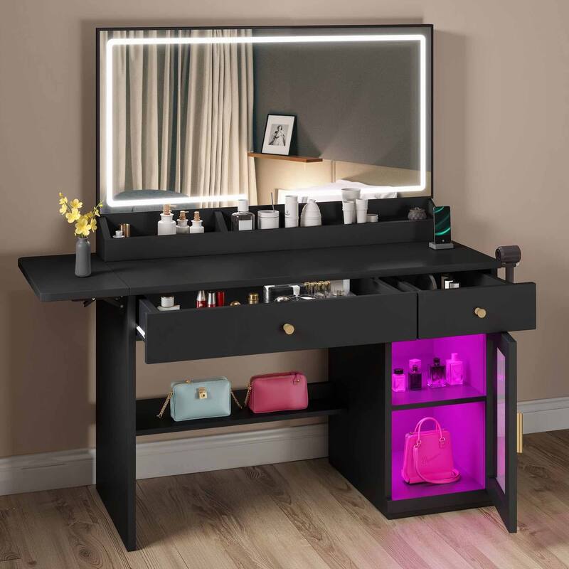 Moasis Makeup Vanity Desk with Mirror and RGB Lights & Extral Foldable Desk - Black