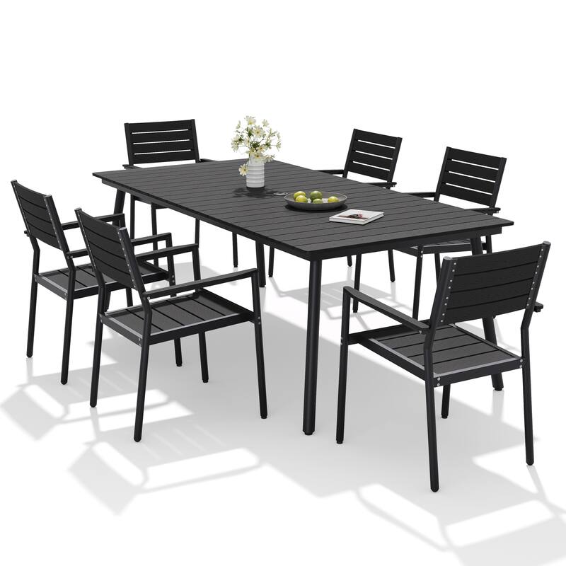 7-Piece Outdoor Patio Dining Set Wood-Like Table Top Alumium Umbrella Hole Table with Stackable Armrest Dining Chairs