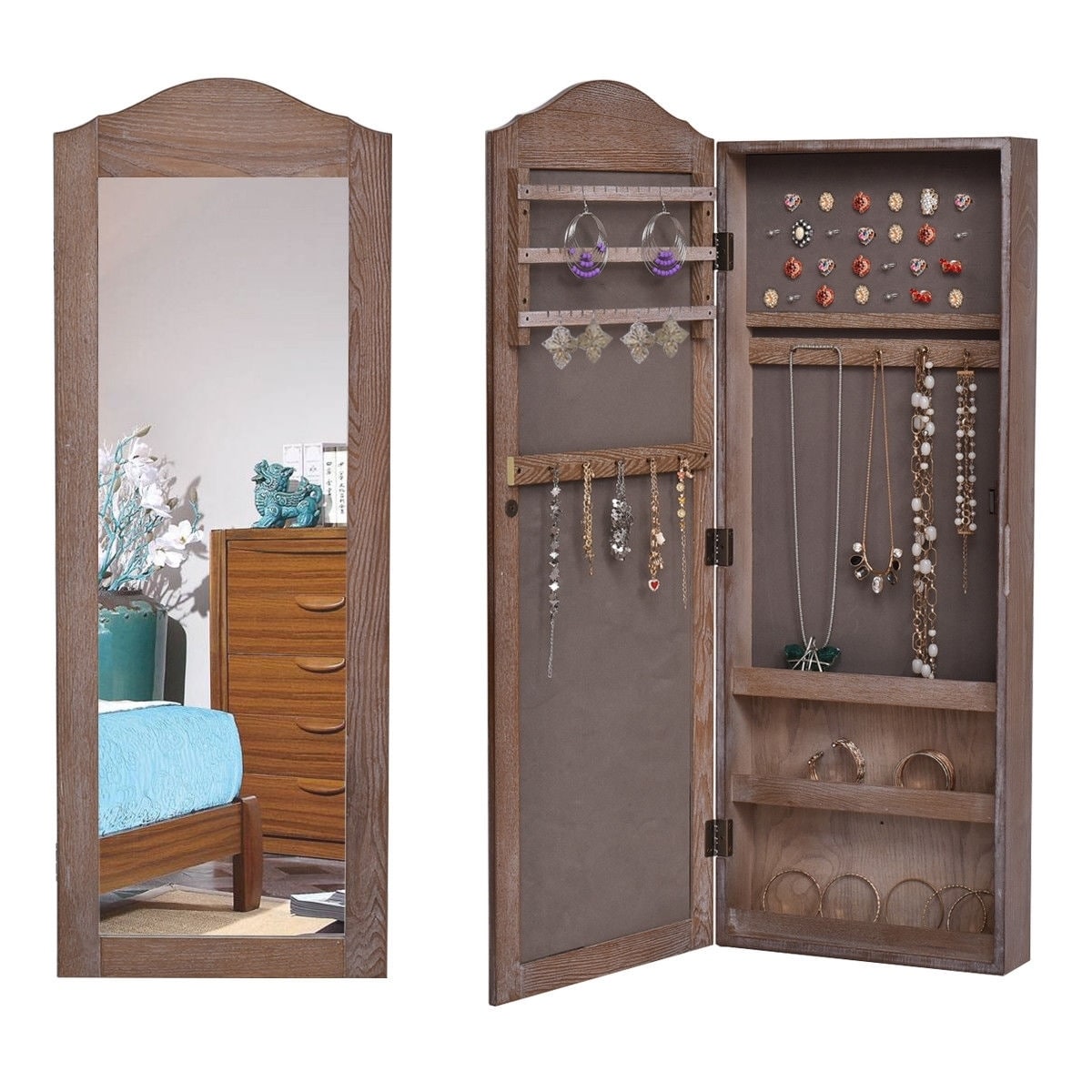 Shop Wall Hang Mounted Mirrored Armoire Jewelry Cabinet Brown
