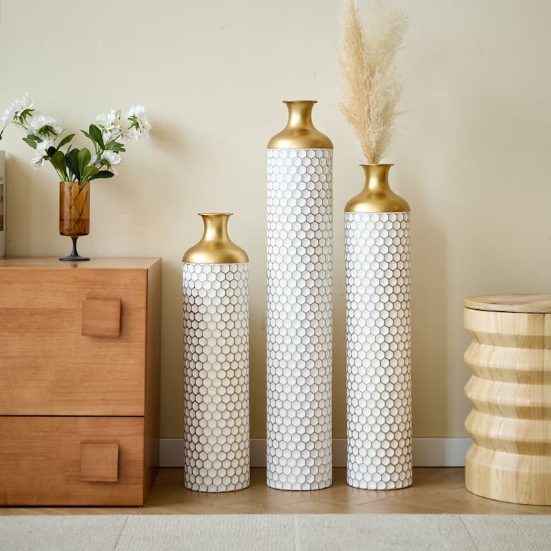 Floor metal vase modern style decoration home droplet shaped white metal vase 3-piece set gorgeous large glazed metal vase