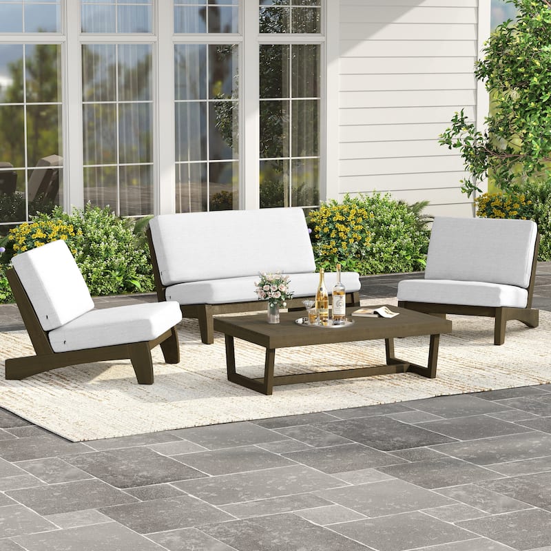 4 Piece Outdoor Wood Loveseat Chair Conversation Set with Cushion