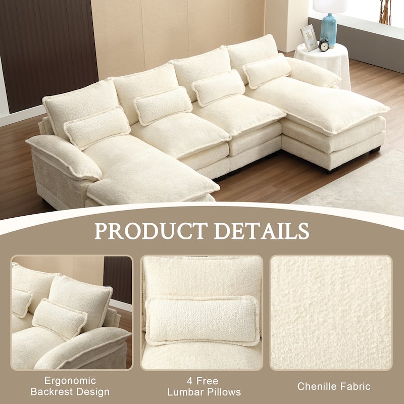 Chenille Upholstered U-Shaped Living Room Sectional Sofa With Wooden Legs
