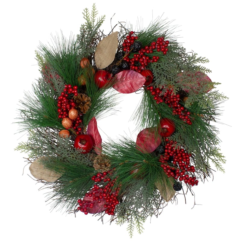 30" Autumn Harvest Mixed Pine Berry and Nut Thanksgiving Fall Teardrop Swag - Unlit