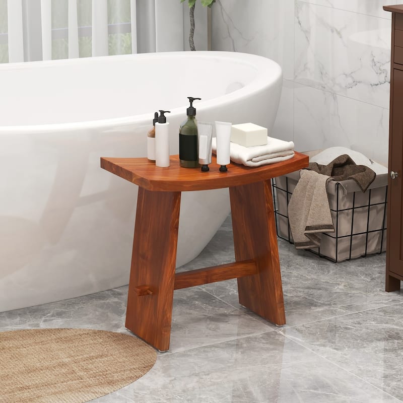Gymax 20 Inch Teak Wood Shower Bench w/ Curved Seat for Inside Shower