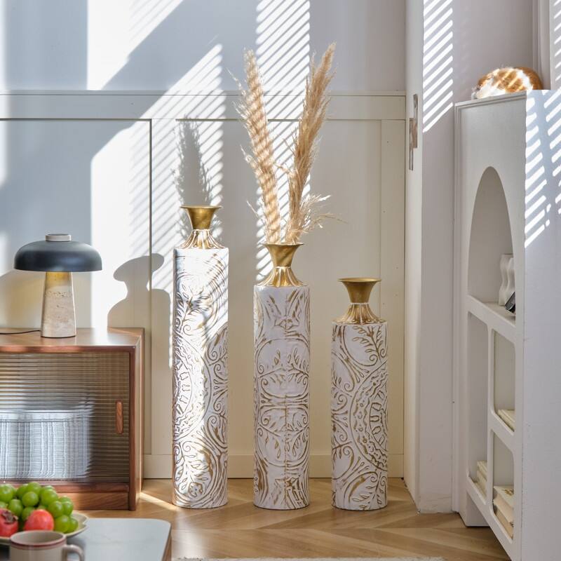 Floor Metal Vases Decorated White Metal vases Set of 3 gorgeous home decoration large glazed metal vases