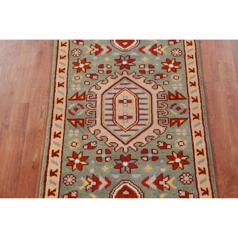 Hand Knotted Oriental 100% Wool Carpet Transitional Geometric Green Khotan Runner Rug - 7' 10'' X 2' 6''