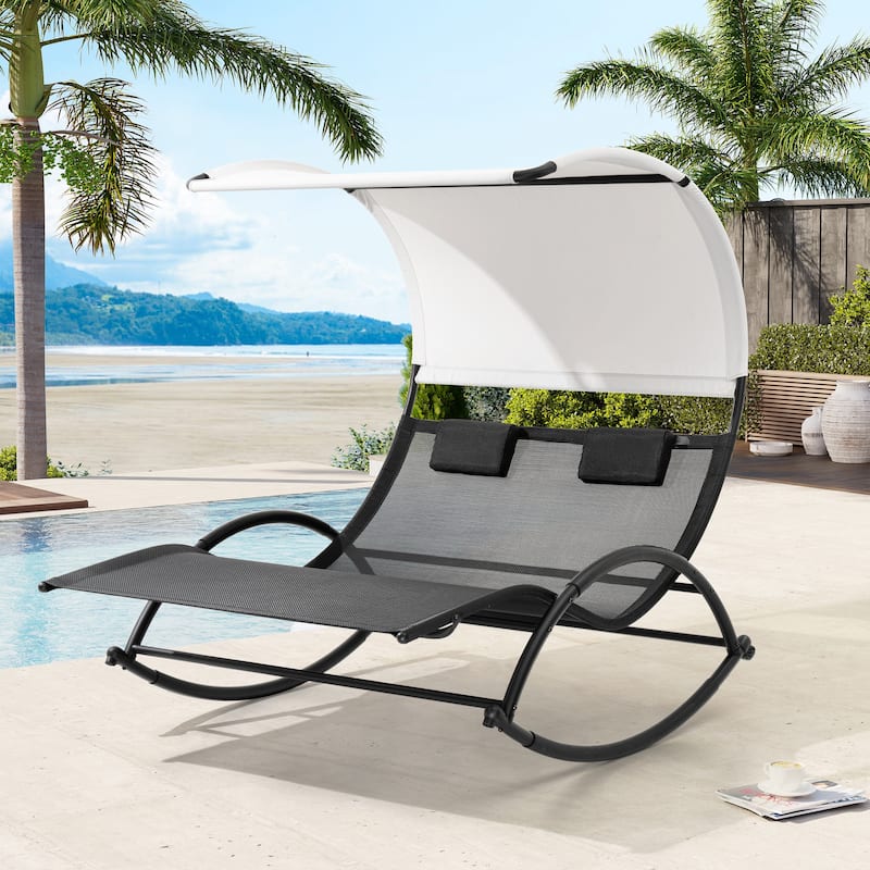 Outdoor Double Sun Bed Chaise Lounge Chair Rocking Bed with Sun Shade & Wheels - 54.5" W x 67.3" D x 65.7" H