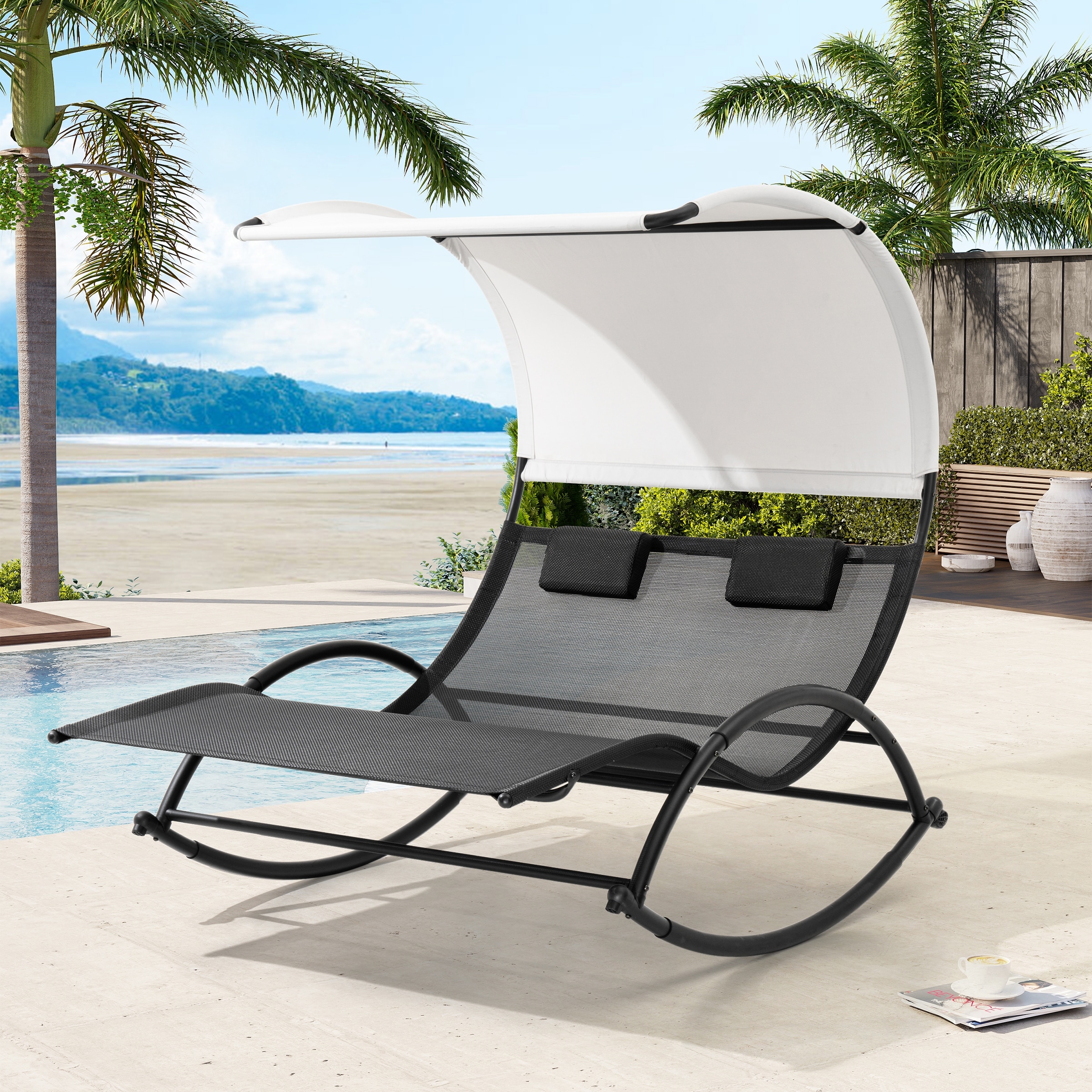 Outdoor Double Sun Bed Chaise Lounge Chair Rocking Bed with Sun Shade Wheels 54.5 W x 67.3 D x 65.7 H On Sale Bed Bath Beyond 31685330