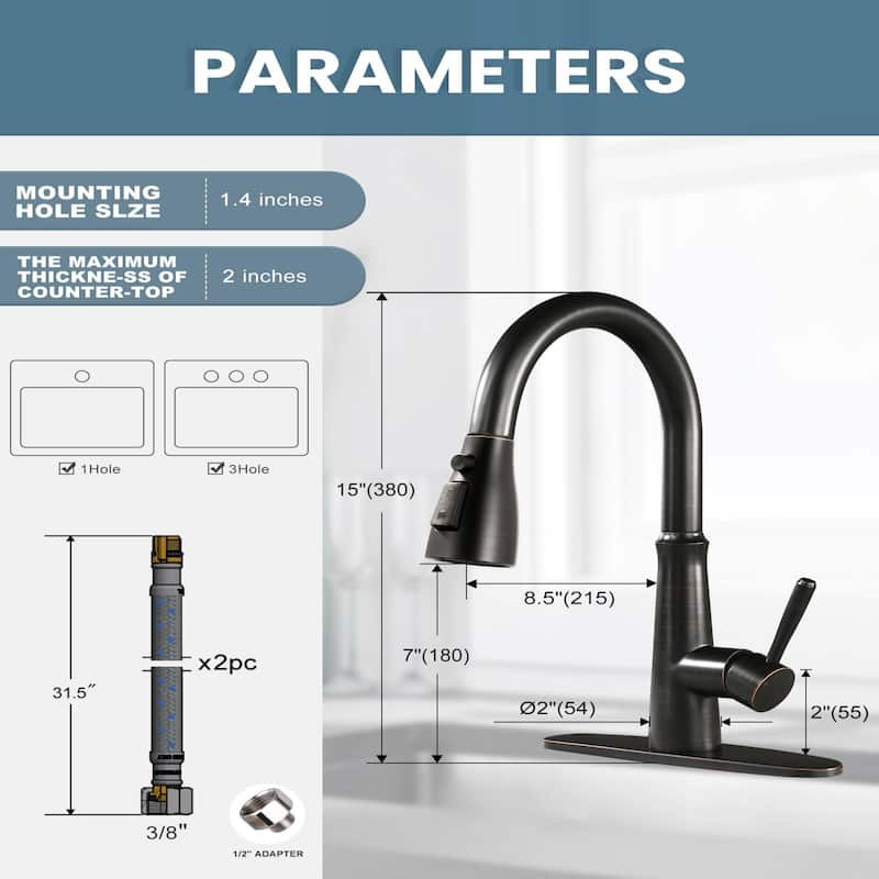 WOWOW Single Handle 3-Mode Pull Out Sprayer Kitchen Faucet