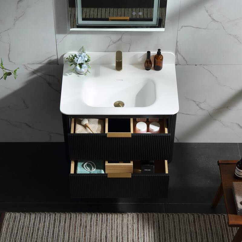 Modland Fluted Floating Vanity with Sink, Plywood Wall Mount Cabinet, Curved Edge, 24/30/36 Inch