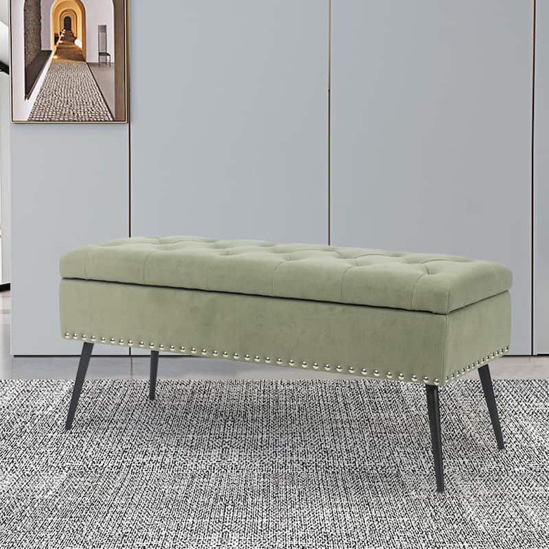 Adeco Storage Ottoman Bench Tufted Top with Metal Legs