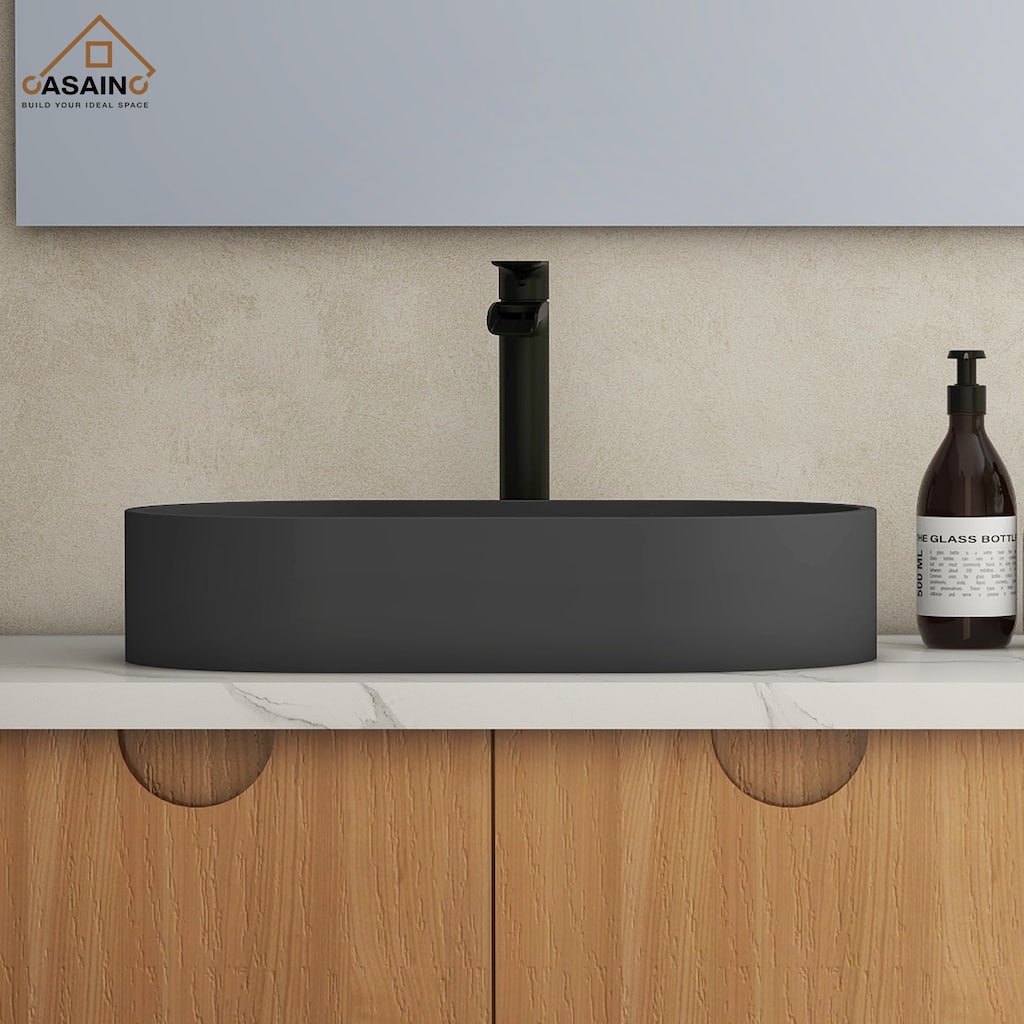 CASAINC Concrete Vessel Sink Oval Bathroom Sink Art Basin with the Same Color Drainer