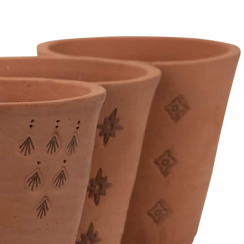 Foreside Home & Garden Set of 3 Natural Handthrown Terracotta Embossed Stamped Planters - 7 x 7 x 7