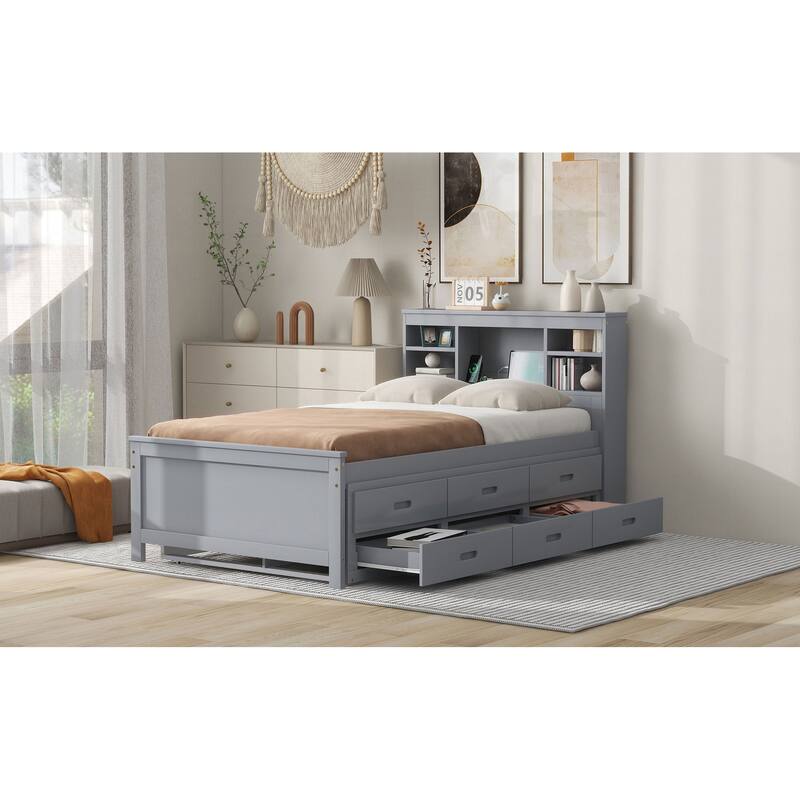 Twin Size Platform Bed with Storage Headboard, USB, Trundle, and 3 Drawers in Gray