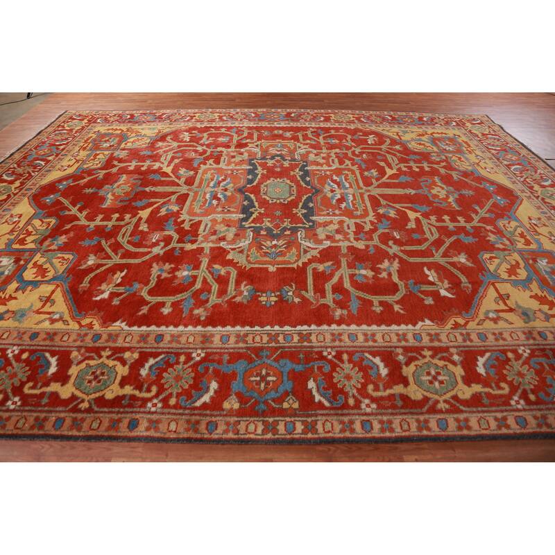 Hand Knotted Oriental 100% Wool Carpet Traditional Medallion Red Heriz (serapi) Area Rug - 14' 10'' X 11' 7''