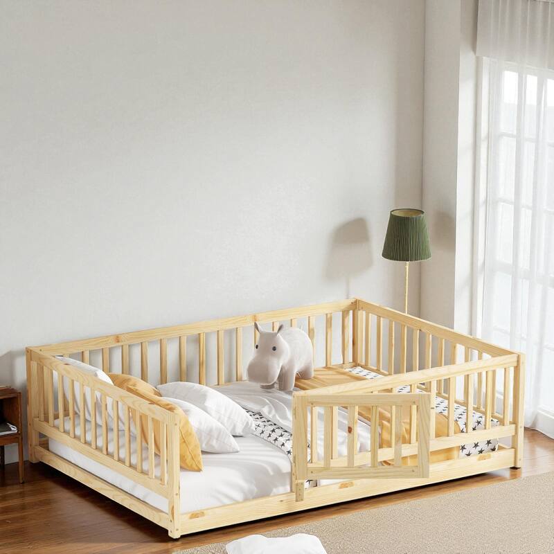 Twin/Full Montessori Floor Bed with Slats, Fence and Door, Wood Low Kids Bed for Girls and Boys, No Box Spring Needed - Oak - Full