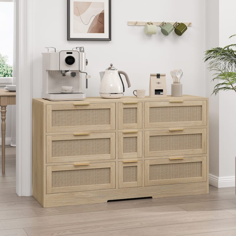 Boho Rattan Dresser Chest of Drawers, 9 Drawers Storage Cabinet Accent Chest Console Table for Living Room Bedroom - Natural - 9-drawer
