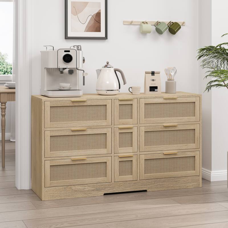 Natural Chest of Drawers 9-Drawer Rattan Storage Cabinet Sideboard