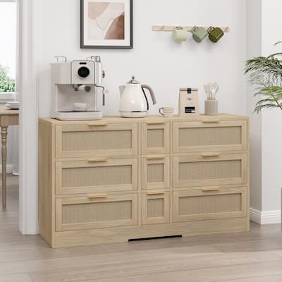 Rattan Storage Cabinet with 9 Drawers, Accent Cabinet with Smooth Sliding Tracks, Kitchen Buffet Sideboard