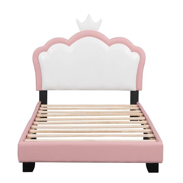 slide 2 of 10, Twin Upholstered Leather Platform Bed w/ Crown Headboard for Kids,Pink White Pink