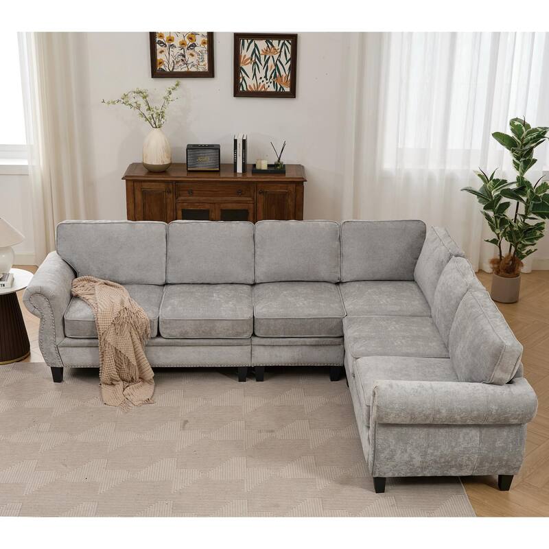 109.5" Chenille 6-Seater L-Shaped Sofa with Rolled Armrests