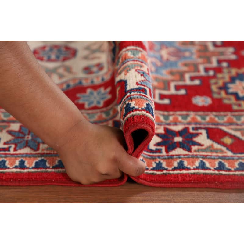 Red Geometric Kazak Oriental Runner Rug Hand-Knotted Wool Carpet - 2'8" x 9'7"