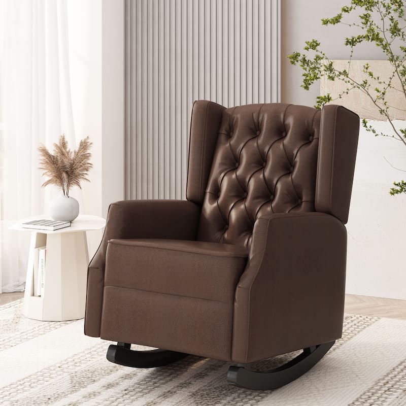Modern 26.5" High Back PU Upholstered Button Tufted Rocking Chair with Wing Back for Living Room